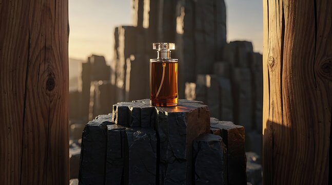 A glass bottle of amber liquid sits on a stone pedestal in a mystical forest setting.