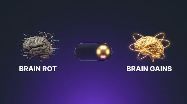 Conceptual visual comparing mental decline to cognitive enhancement with a toggle switch symbolizing choice between brain rot and brain gains on a dark gradient background