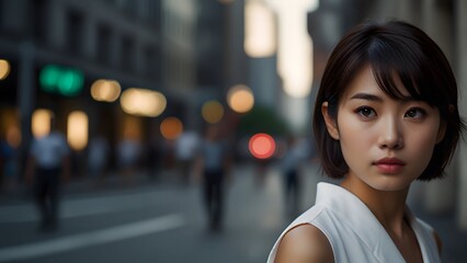 Obraz premium Portrait of a determined young Asian businesswoman standing on an urban street at dusk