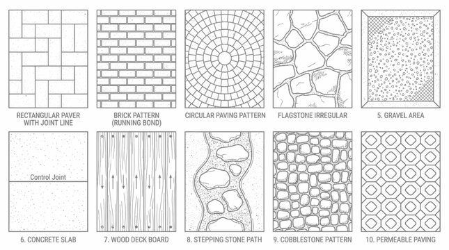 Set of ten different paving patterns and landscaping surface textures.