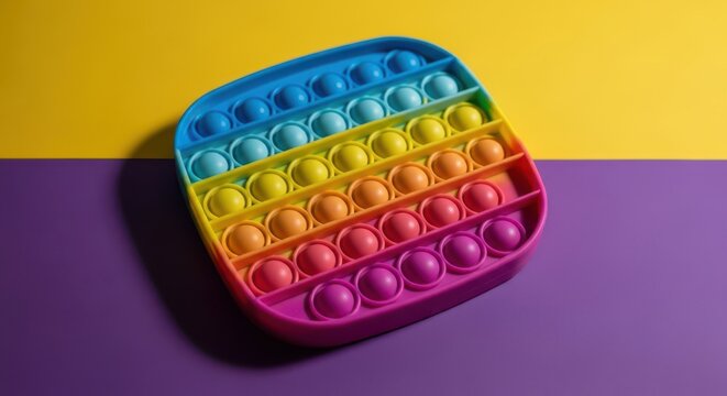 Colorful pop it sensory toy on a yellow and purple background