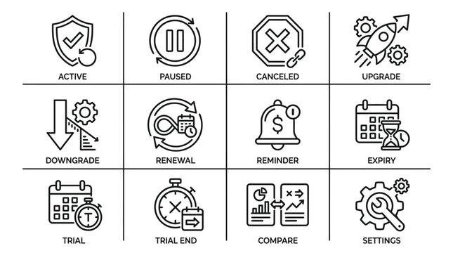 Set of thin line icons for subscription management and service status.