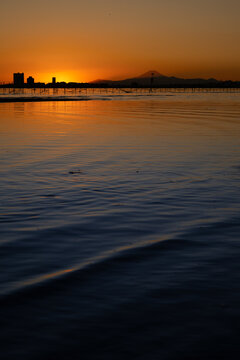 Sunset over Mount Fuji from Funabashi Sanbanze tidal flats, Chiba, Japan