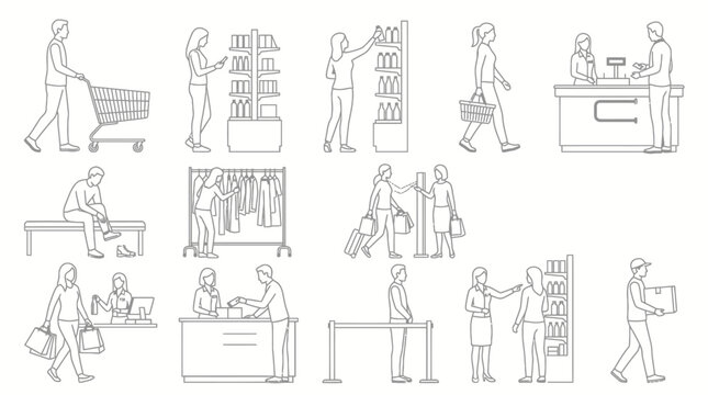Set of shopping people line icons for retail and supermarket concept.