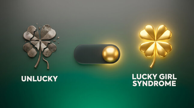 Symbolic contrast of broken dull metal clover representing bad luck versus a shining golden four leaf clover symbolizing lucky girl syndrome with a toggle switch