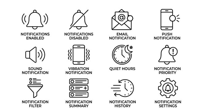 Set of notification and alert system outline icons.