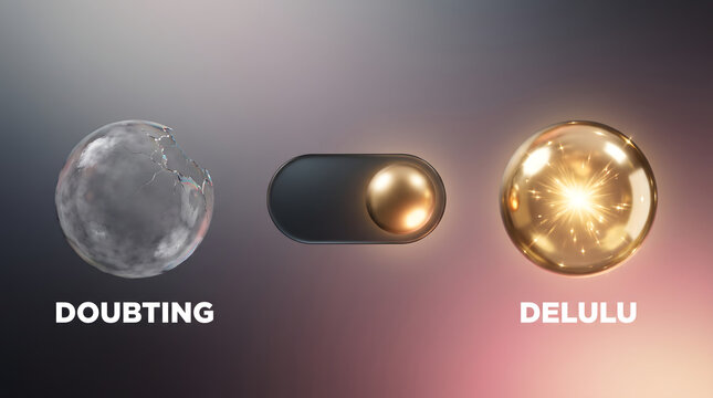 Conceptual transition from doubt to delusion visualized by a cracked sphere switching to a glowing golden orb representing change in mindset