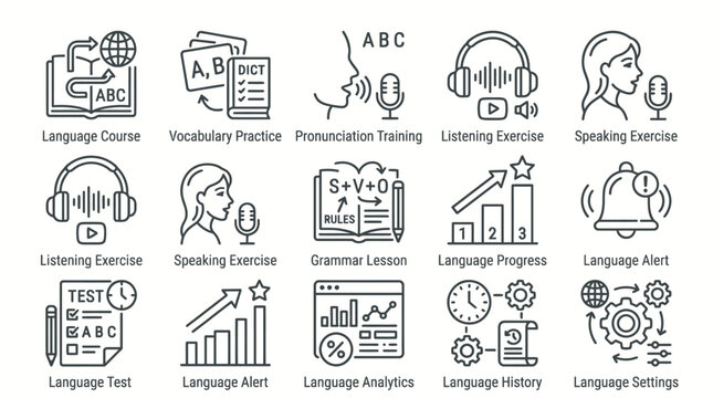 Set of language learning and education icons in hand drawn sketch style.