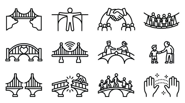 Set of line icons depicting bridges and human connections.