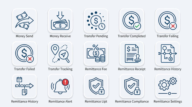 Set of line style money transfer and remittance service icons.