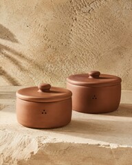 Naklejka premium Warm Terracotta Jars In Soft Light in soft light with refined texture and premium minimalist still life composition