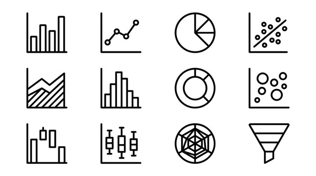 Set of minimalist line art data visualization and chart icons.