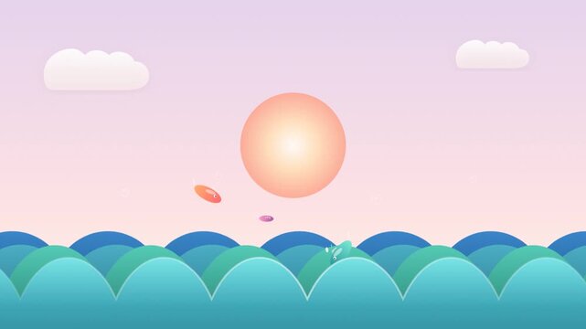 Animated minimalist ocean scene with swimming fish and rising sun