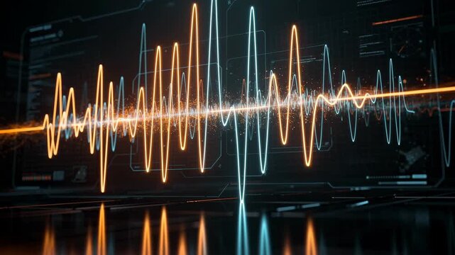 Futuristic digital sound wave visualization with glowing neon lines and high tech interface background