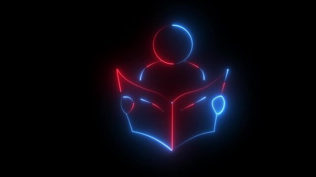 glowing neon person reading book icon isolated on black background. futuristic education, learning, knowledge, and study concept. 4k video animation.