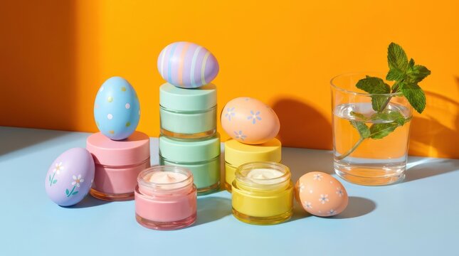 Colorful cosmetic jars with easter eggs and mint leaves on blue and orange background