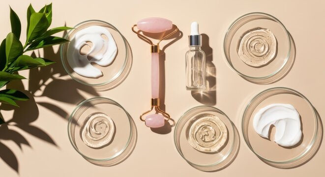 Skincare products with rose quartz roller and cosmetic samples in petri dishes
