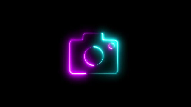 Neon and glowing photo camera icon. Glowing sign logo.Luminous signboard camera 4K video animation.