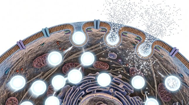 3D Microscopic Diagram of Beta Cell Exocytosis Releasing Insulin Granules