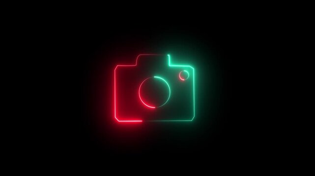 Neon and glowing photo camera icon. Glowing sign logo.Luminous signboard camera 4K video animation.