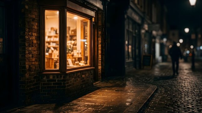 Illuminated shop window on a cobblestone street at night in city