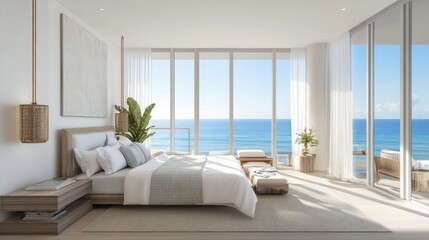 Fototapeta premium Coastal master suite, floor-to-ceiling windows, linen fabrics, ocean horizon generative ai