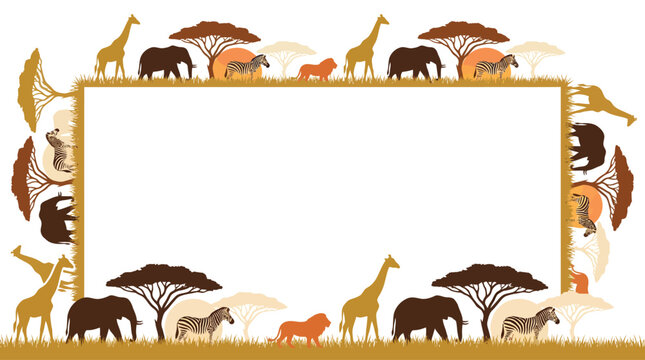 Safari Animal Border Frame With Giraffes, Elephants, Zebras, And Trees On White Background For Photo Insert