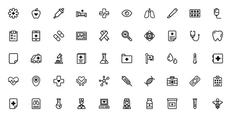 Medical elements outlined icon set. Minimal line vector pack. Includes Medicine, Apple, Dropper, Hospital, Eye, Lungs, Scalpel, Tablet, Syringe, Stethoscope, Ambulance, Microscope, Heart, DNA, and mor © wang