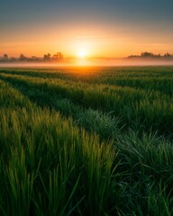 Fototapeta premium Open meadow landscape during sunset