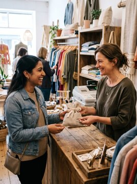 Two women smiling and exchanging a bag at a clothing store checkout counter