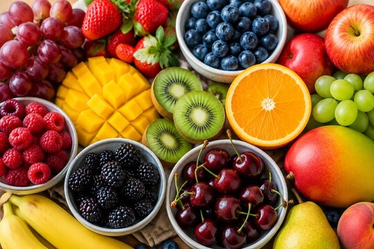 Assortment of fresh fruits and berries in vibrant colors, arranged for a natural aesthetic.