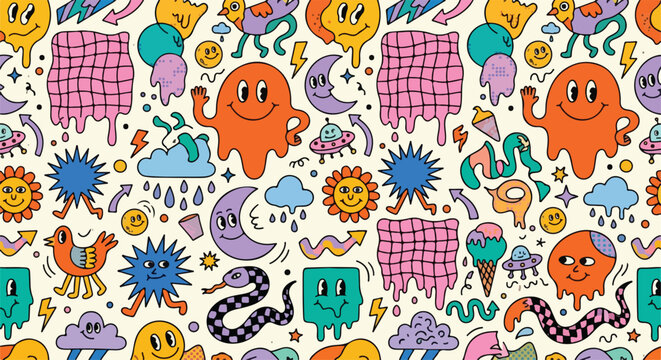 vector illustration seamless pattern, surreal silliness 2026 trend, playful absurd naive doodles, melting geometric.eps