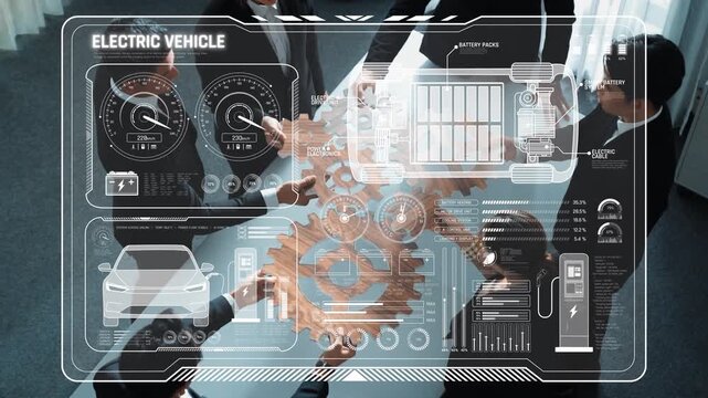 A business team collaborates on electric vehicle innovation, utilizing data visualization and gears. This modern office scene showcases teamwork and strategic planning. Raster