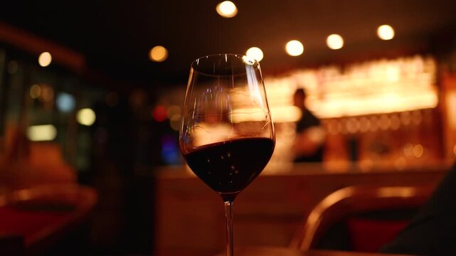 Red Wine Glass Swirling in Luxury Resort Restaurant at Night