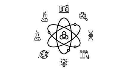 Atom symbol surrounded by science and education icons. © ULFAITA