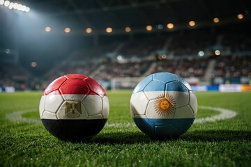 Obraz premium Soccer balls with Egyptian and Argentinian flags on stadium grass for international match