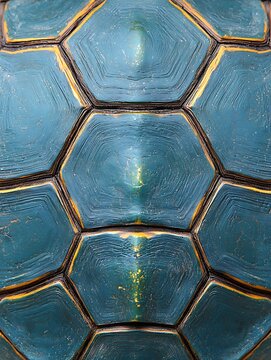 Close-up of a turtle's shell showing detailed hexagonal pattern, natural texture, and vibrant blue hues with subtle reflections