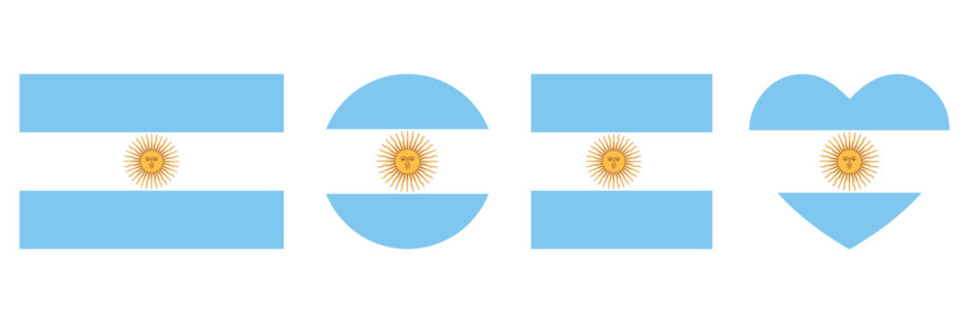 Argentina Flag Icon Set Vector Round Square Heart Waving and Map National Flag Symbols
 Isolated for Travel and Country Design