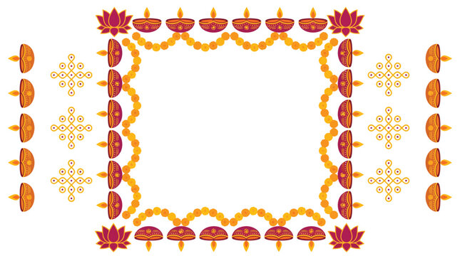 Traditional Indian Diwali Decorative Frame With Diyas And Flowers Isolated On White For Festival Celebrations