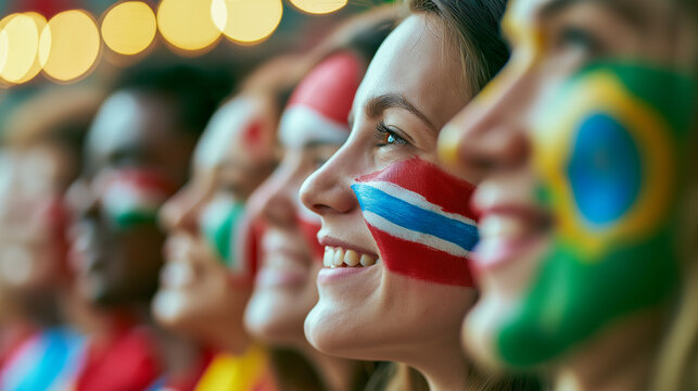 Vibrant Spectators: A diverse group of excited sports fans, their faces painted with vibrant national flags, eagerly anticipate the game, united by a shared passion and festive atmosphere.