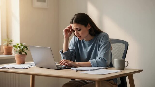 Stressed young woman working on laptop at home office surrounded by paperwork and coffee mug