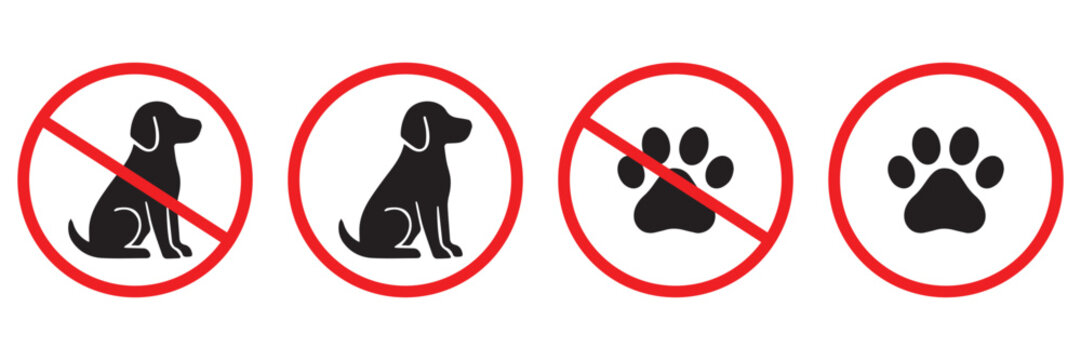 No dogs allowed and pets prohibition sign collection vector icon set with red warning 
ban symbol for public park safety.