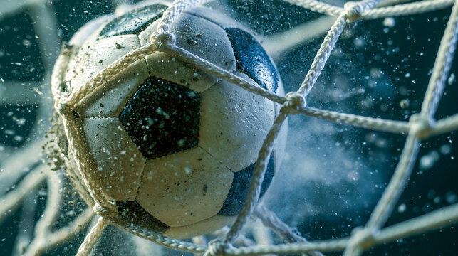 Goal! Soccer Ball in Net: A close-up shot captures the dynamic moment a soccer ball hits the back of the net, with water droplets splashing around the goal.