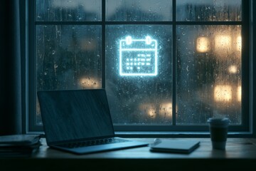 Naklejka premium Rainy window workspace with calendar concept