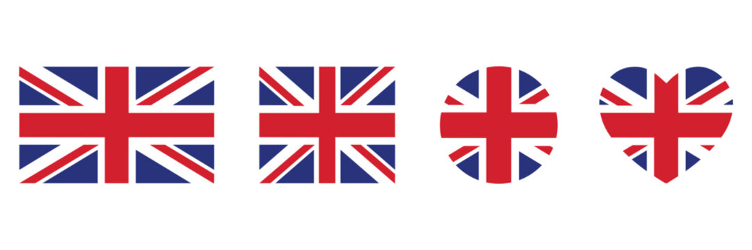 United Kingdom flag vector icon collection set with different shapes, circles, squares, and hearts for 
UK national day design.