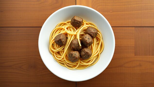 A top down view of a bowl of spaghetti pasta topped with several brown meatballs on wood table