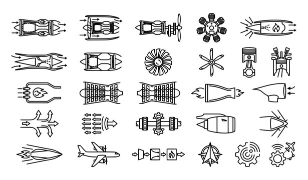 Types of Aircraft Engines Editable Stroke Icon Set Featuring Turbojet Turbofan Turboprop Piston Engine Ramjet and Scramjet Aviation Flat Vector Collection