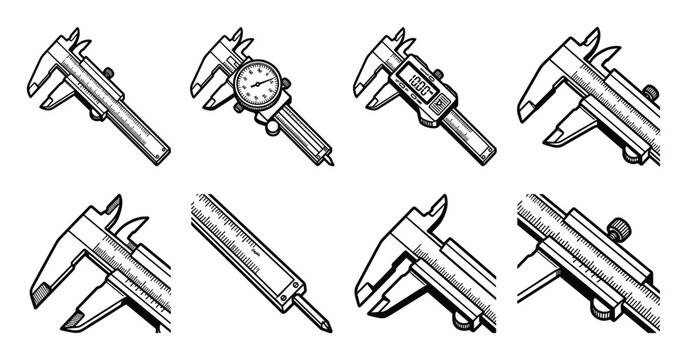 A collection of caliper measuring tool line art icons with vernier dial digital types.