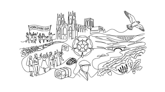 Yorkshire Day Celebration: York Minster, Landscape, People, Rose Emblem - Line Art