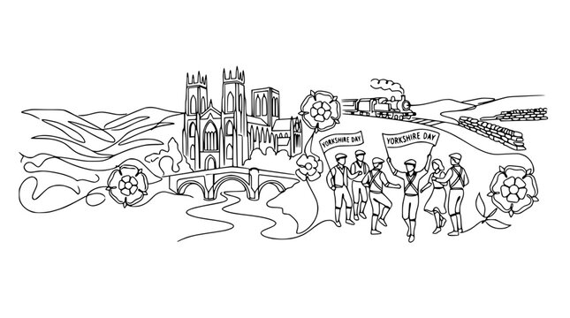 Yorkshire Day Celebration: Cathedral, Train, People, Roses, Landscape - Line Art Illustration